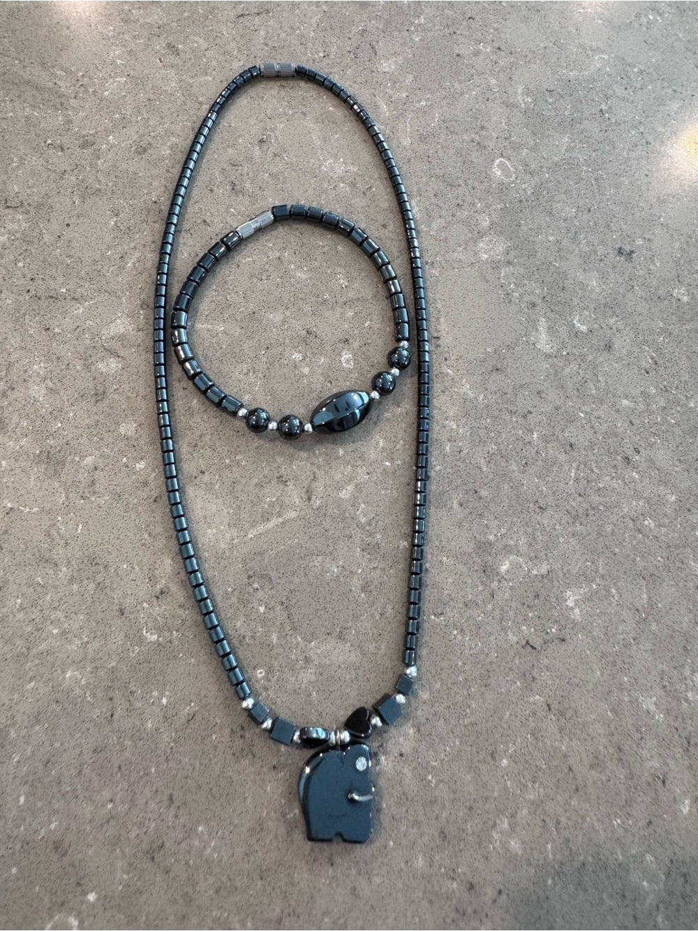 Hematite Elephant Pendant Beaded Necklace & Bracelet Set!